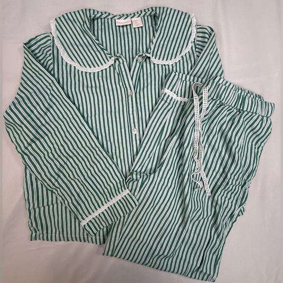 Rachel Ashwell Other - Rachel Ashwell Green Striped Cotton Pajama Set with Lace Trim -Women's Sleepwear